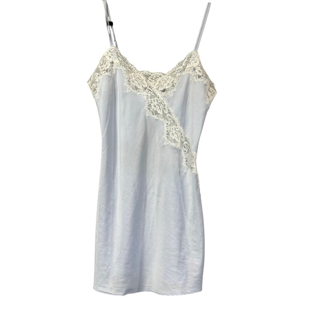 Lauren Ralph Lauren Satin Lace Slip Dress Blue Bridal Chemise Nightgown Small